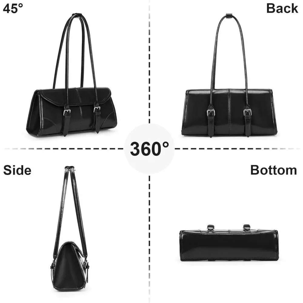 Women's Black Faux Leather Tote Bag Small Shoulder Handbag Purse
